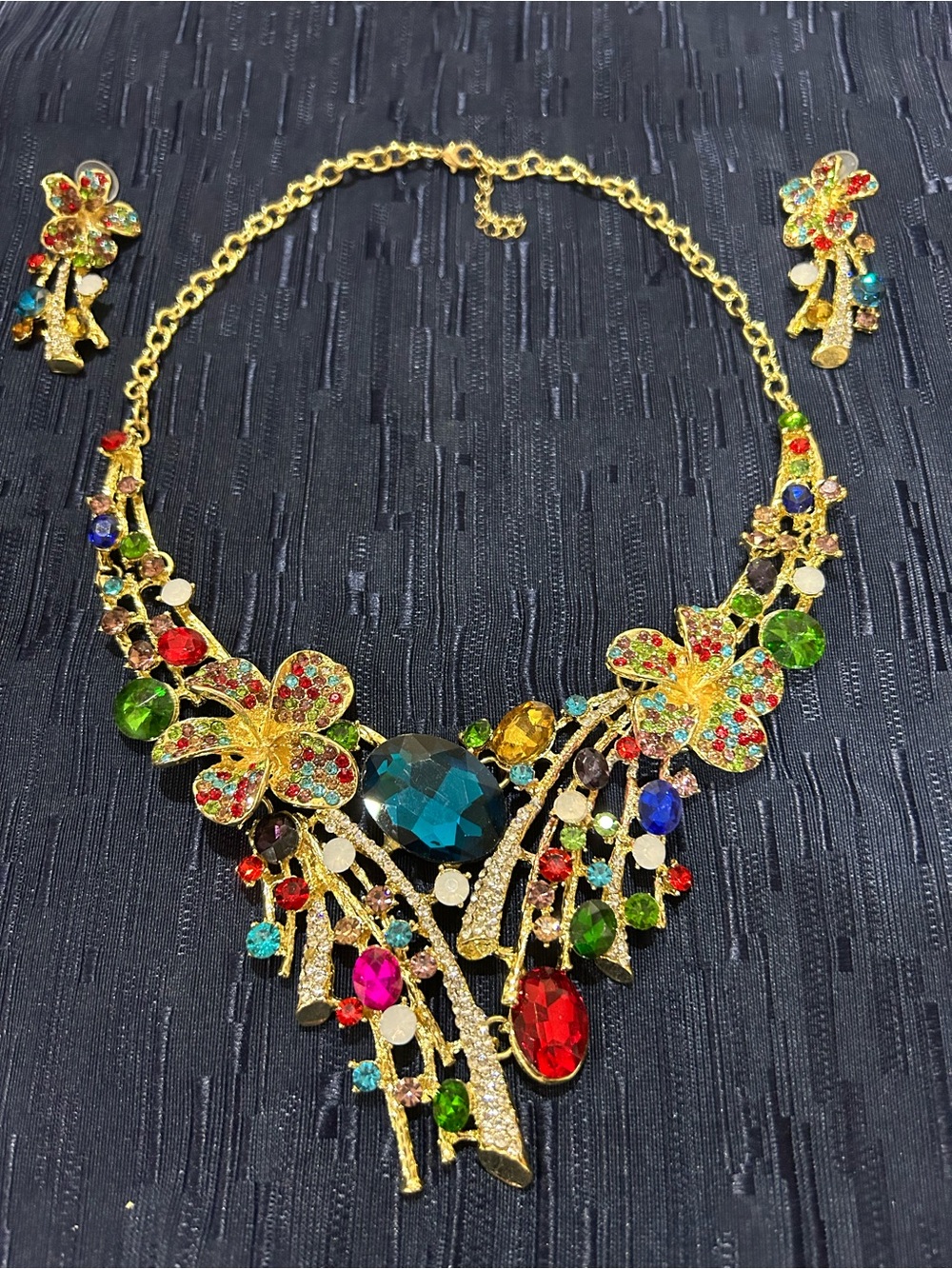Gold Multicolor Crystal Floral Statement Necklace and Earring Set